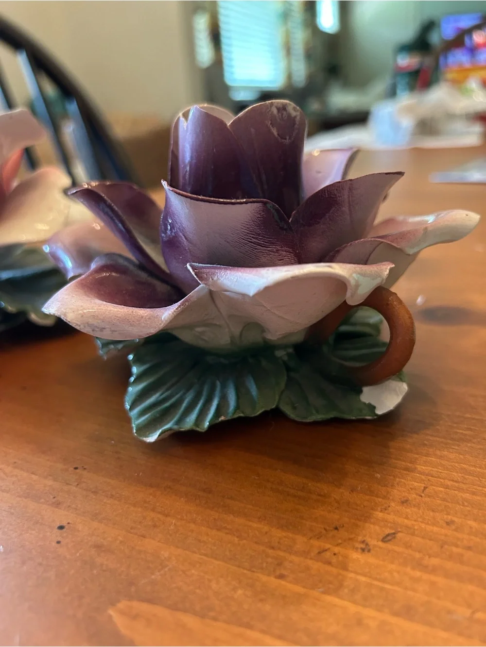 Vintage Italian Porcelain Flower Candle Holders in Pink and Purple - Capodimonte